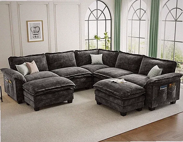 Large V-Shaped Modular Sectional Sofa, 7 Seater Cloud Couch with Ottoman