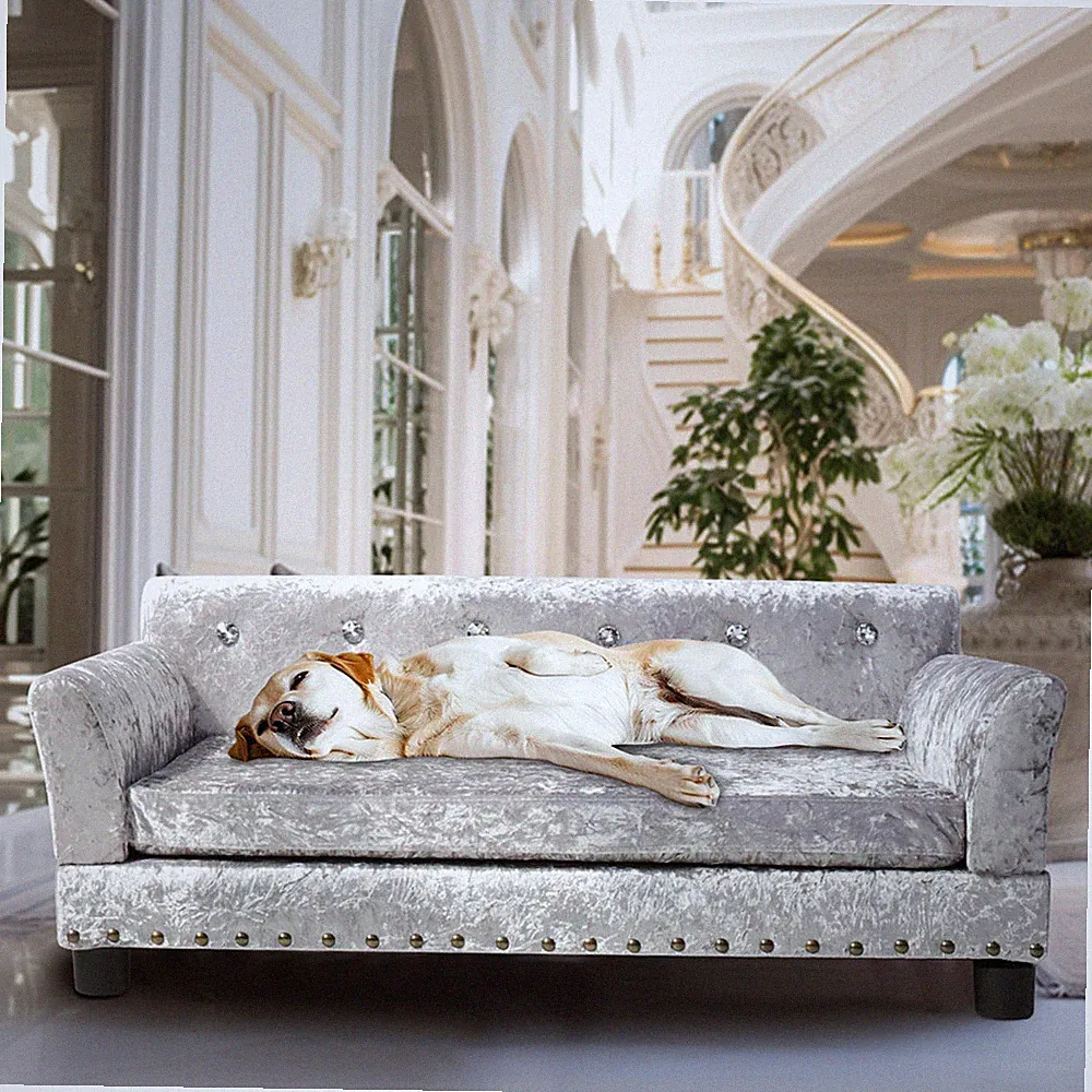 Large Wide Velvet Dog Sofa Bed Elevated Raised Pet Dog Sofa w/ Removable Cushion