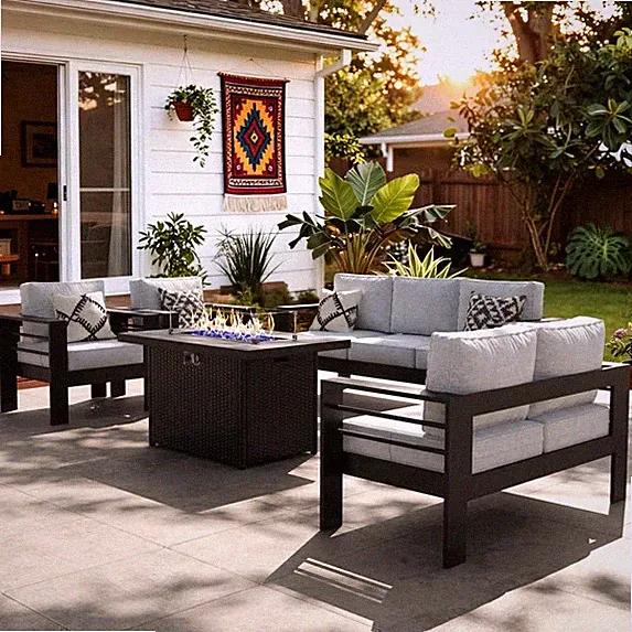 LayinSun Aluminum Furniture Set with Fire Pit Table, 5 Pieces Patio Sectional Co