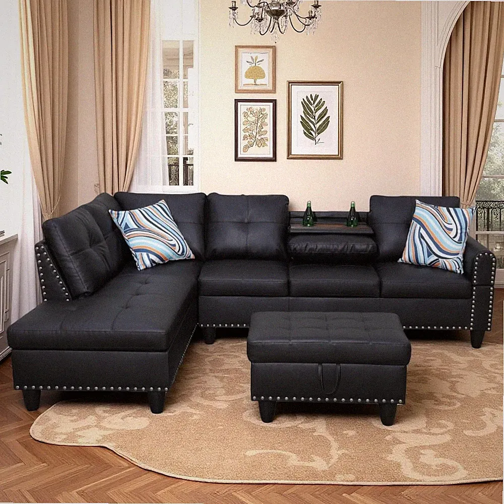 Leather 3-Piece L-Shaped Couches for Living Room, Sectional Sofa with Storage Ot