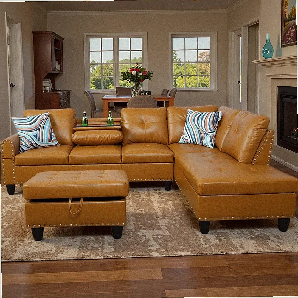 Leather 3-Piece L-Shaped Couches for Living Room, Sectional Sofa with Storage Ot