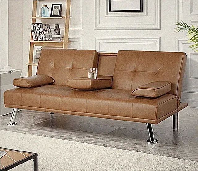 Leather Futon Sleeper Sofa Bed Modern Recliner TV Theater Couch Light Brown Tan