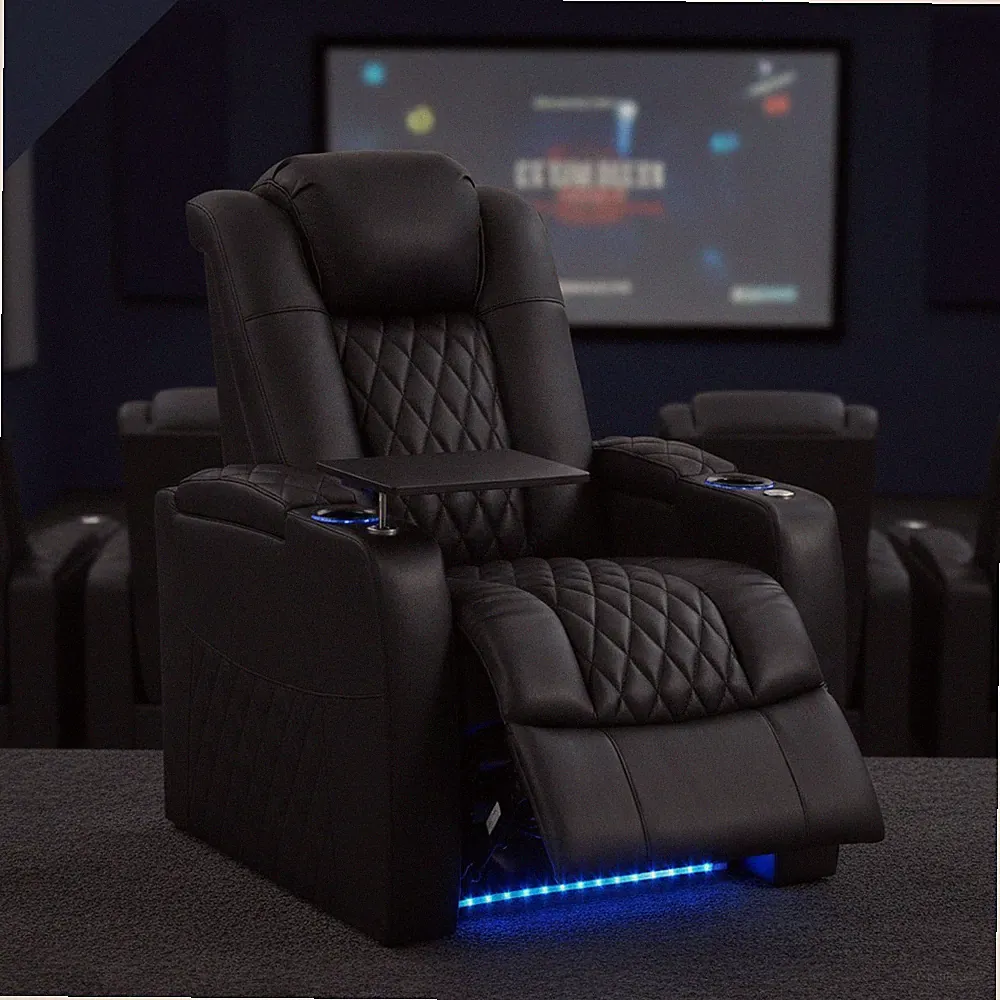 Leather Home Theater Seating Row Of 1 Black Recliner Sofa Adjustable Headrest