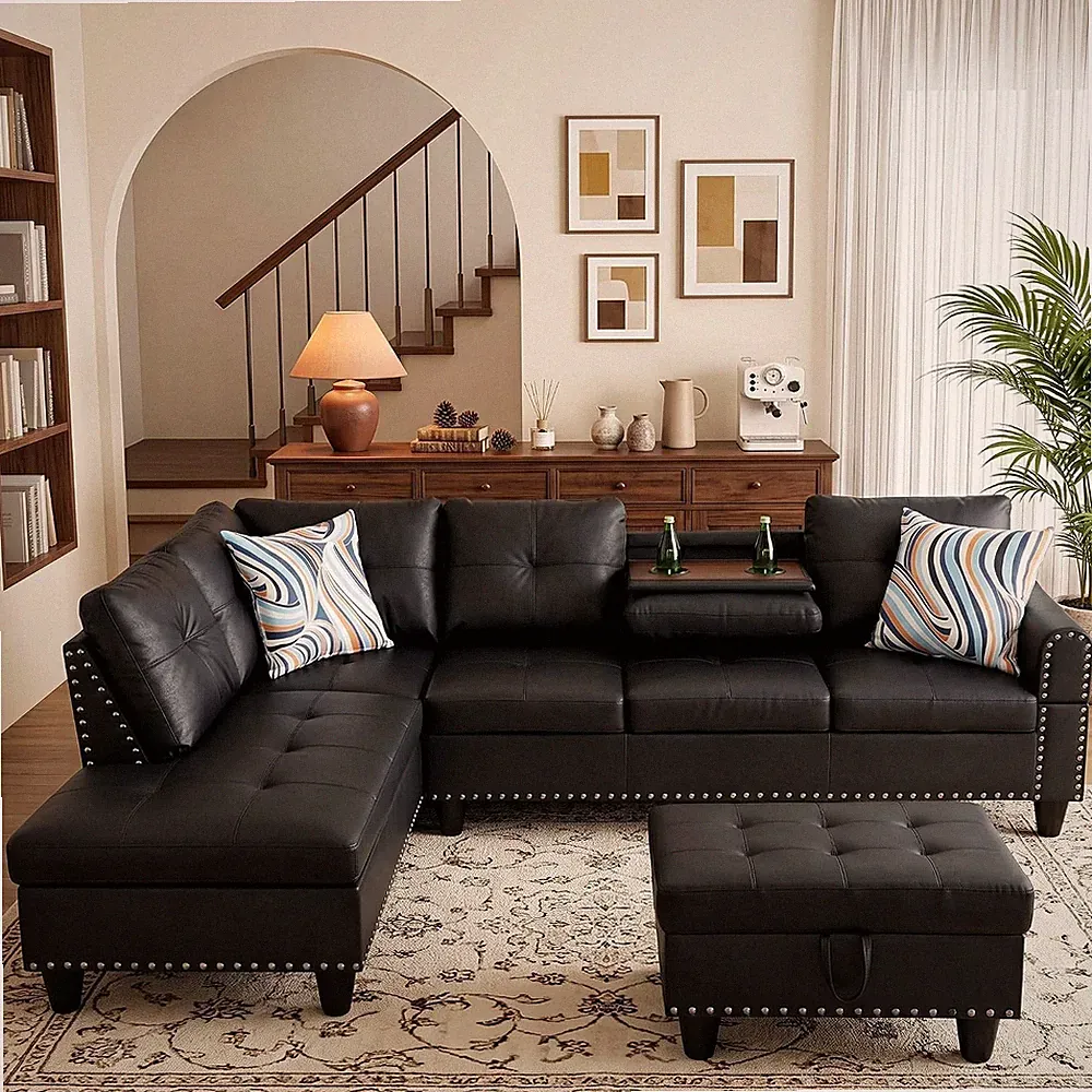 Leather L-Shaped Couch Set, 97.5"L X 69.5"W Sectional Sofas Black