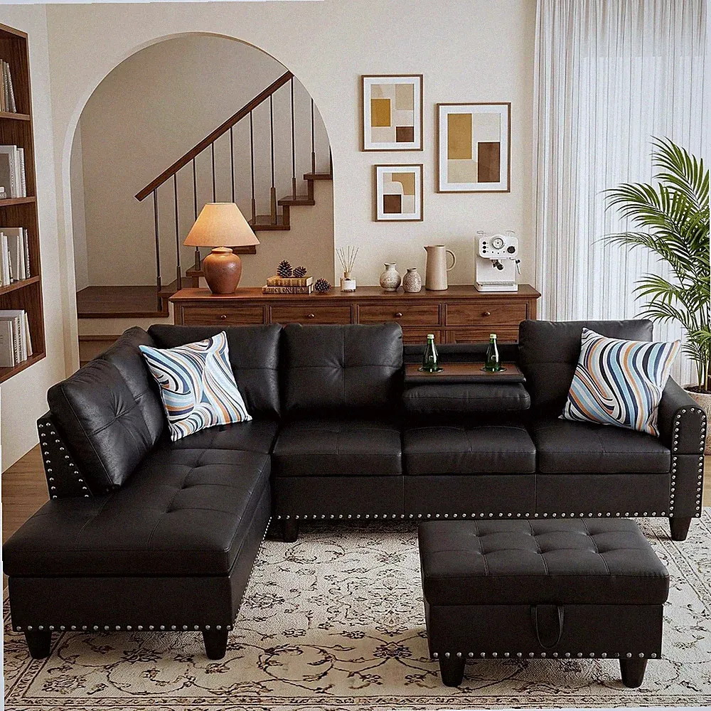Leather L-Shaped Couch Set, 97.5"L X 69.5"W Sectional Sofas Black | Synthetic PU