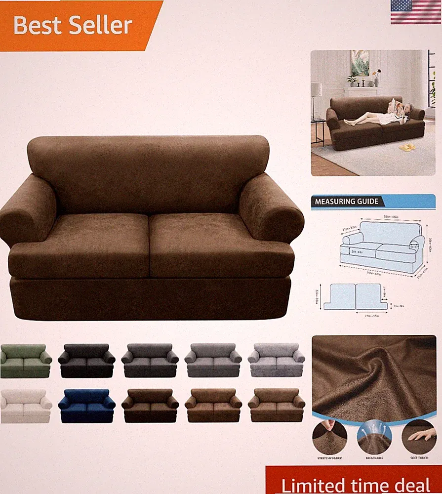 Leather Look Couch Cover T Cushion Slipcovers for 2 Cushion Loveseat 3 Piece...