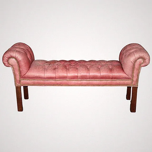 Leather Rolled Arm Tufted Chesterfield Style Mahogany Chippendale Window Bench