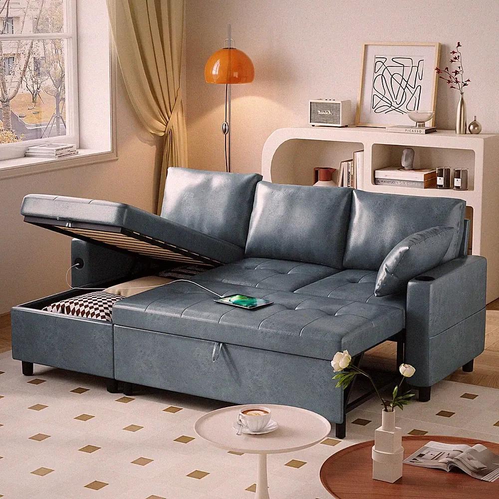 Leather Sectional Sleeper Sofa｜Pull‑Out Bed, Reversible Storage Chaise + USB