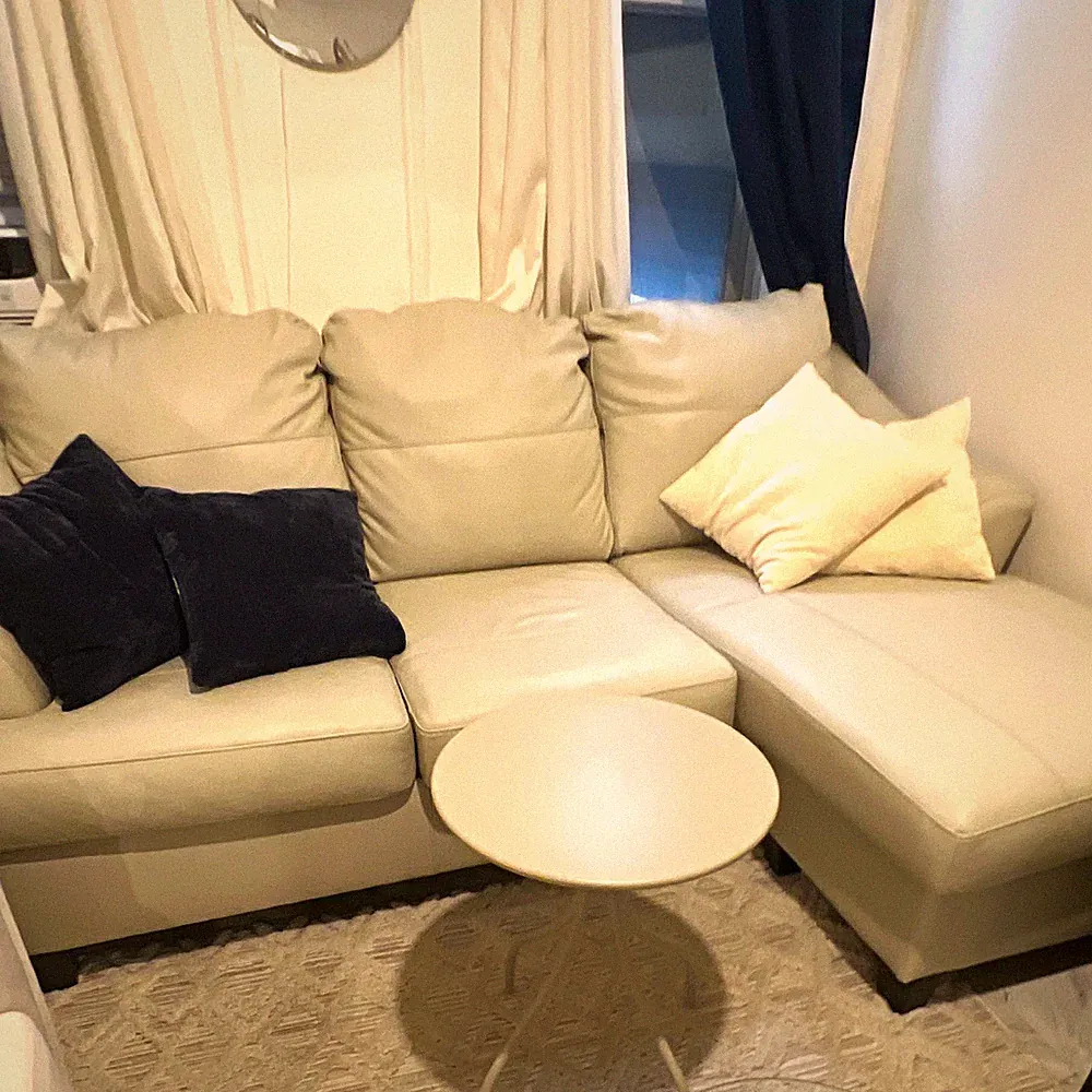 Leather Sectional Sofa w/ Chaise, Cushions, Wood Frame, Solid Beige, 3 Seat