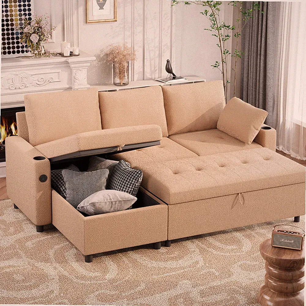 Leather Sleeper Sofa Bed Couch Pull Out w Storage Chaise USB Port Cup Holders