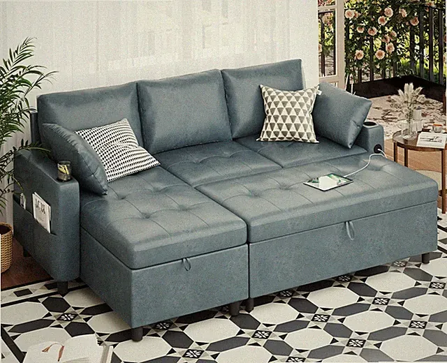 Leather Sleeper Sofa Couch with Pullout Bed Couch with Storage, Blue