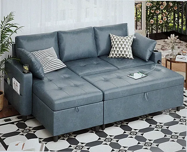 Leather Sleeper Sofa Couch with Pullout Bed Couch with Storage, Blue