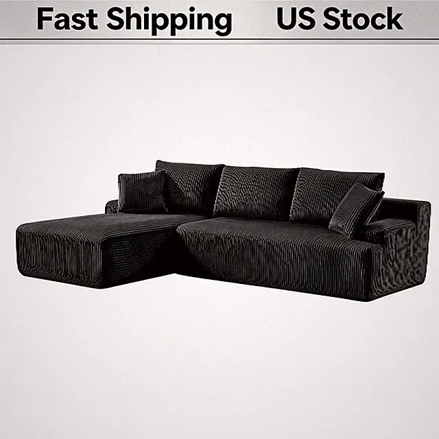 Left Facing Chaise 3-Seat L-Shape Boneless Sofa, Corduroy Cloud Couch, No Assemb