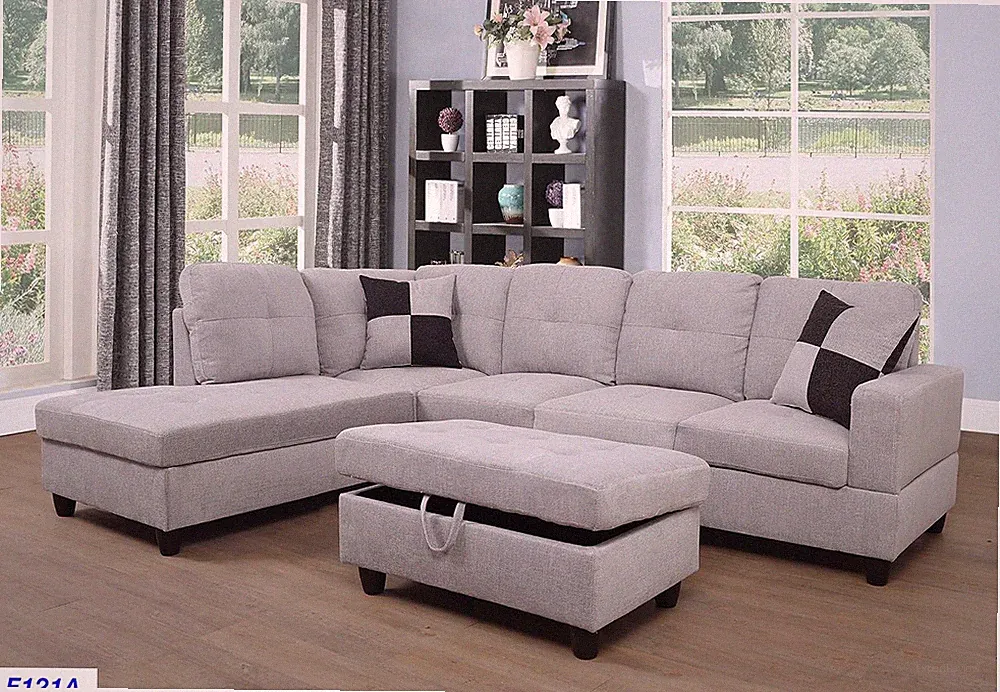 Left Facing Linen Russes Sectional Sofa Set with Ottoman, Flannelette Grey White