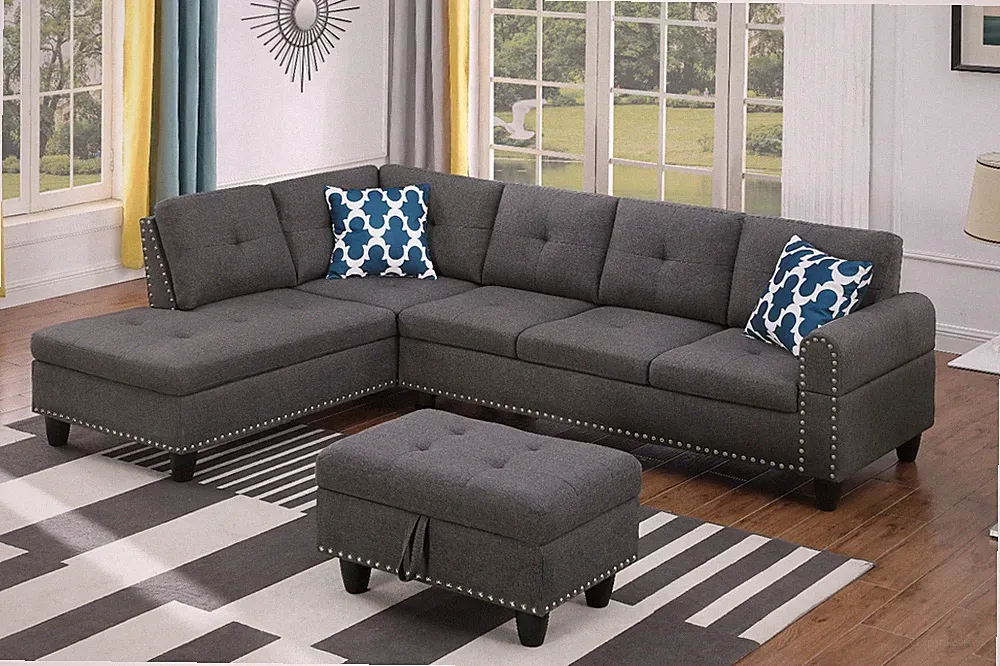 Left Hand Facing L-Shaped Sectional Sofa Living Room Couch Storage Ottoman Gray