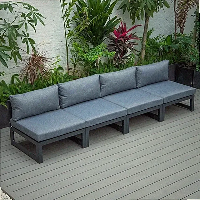 LeisureMod Chelsea 4-Piece Armless Patio Chairs with Blue Cushions