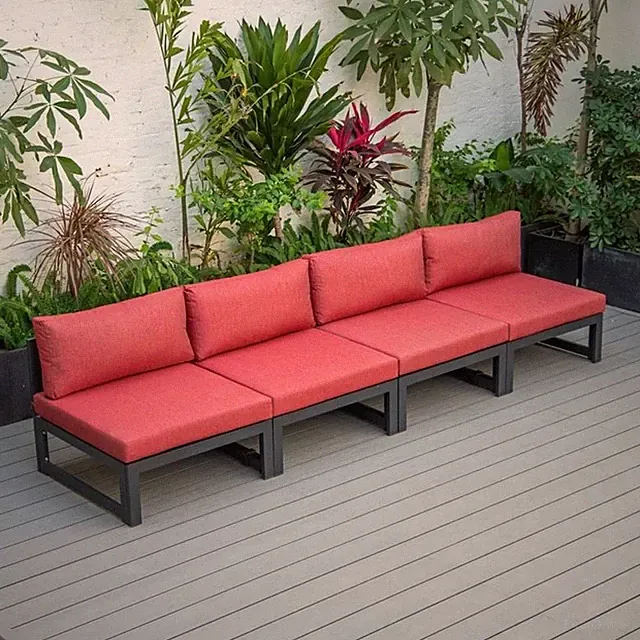 LeisureMod Chelsea 4-Piece Armless Patio Chairs with Red Cushions
