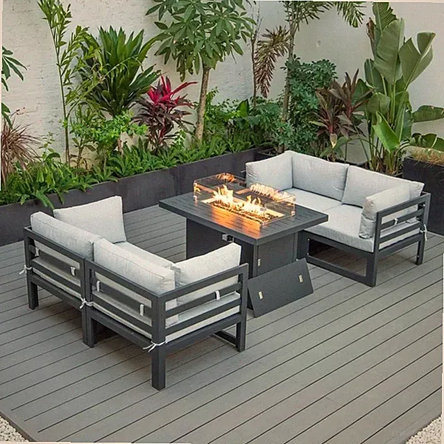 LeisureMod Chelsea 5-Pc Loveseat and Fire Pit Table Set with Light Grey Cushions
