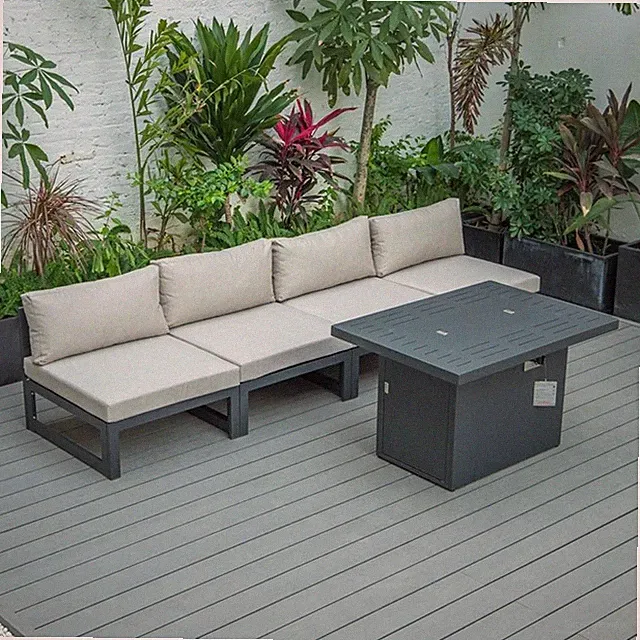 LeisureMod Chelsea 5-Piece Beige Armless Patio Chairs and Fire Pit Table Set