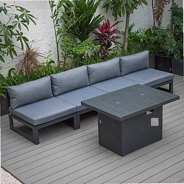 LeisureMod Chelsea 5-Piece Blue Armless Patio Chairs and Fire Pit Table Set