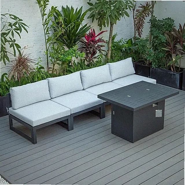 LeisureMod Chelsea 5-Piece Light Grey Patio Chairs and Fire Pit Table Set