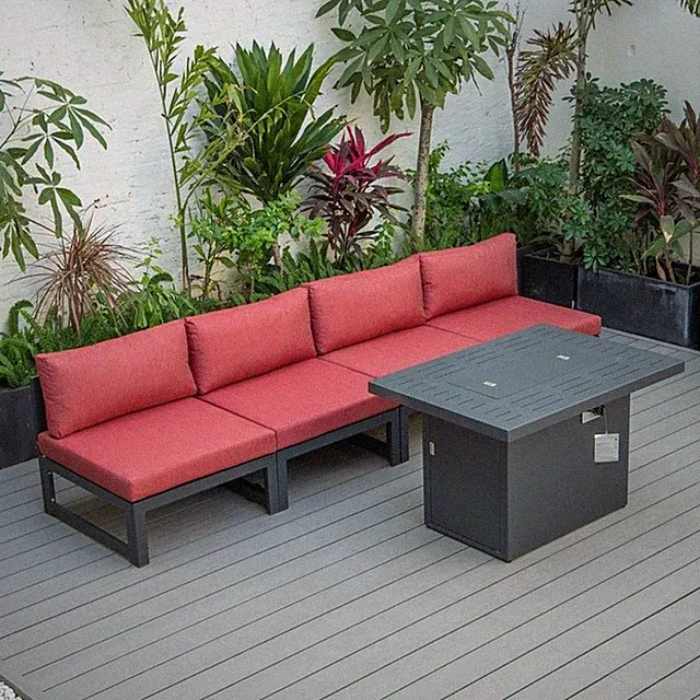 LeisureMod Chelsea 5-Piece Red Armless Patio Chairs and Fire Pit Table Set