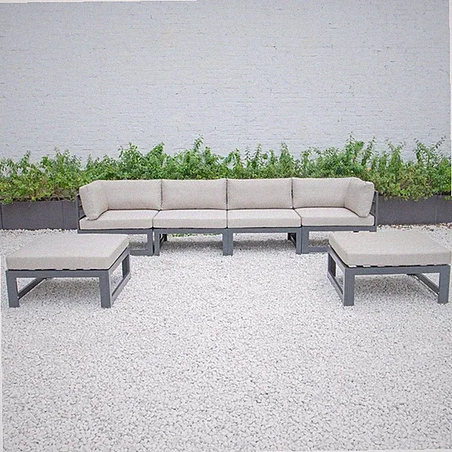 LeisureMod Chelsea 6-Piece Patio Ottoman Sectional Black Aluminum In Beige