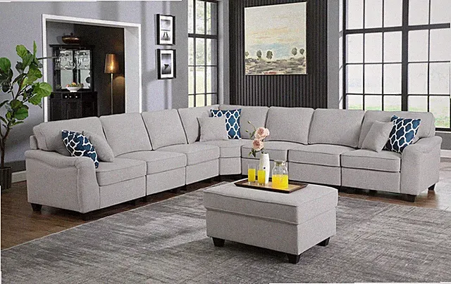 Leo 125" Light Gray Linen 8Pc Modular L-Shape Sectional Sofa and Ottoman