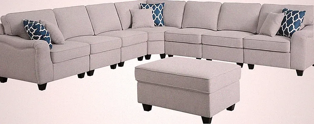 Leo Light Gray Linen 8Pc Modular L-Shape Sectional Sofa and Ottoman