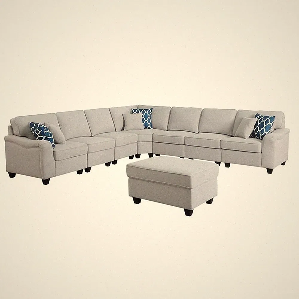 Leo Light Gray Linen Fabric 8Pc Modular L-Shape Sectional Sofa and Ottoman