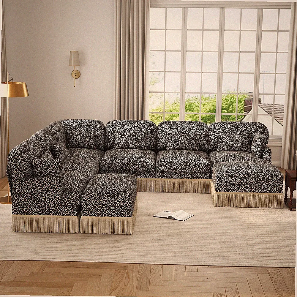 Leopard Print 8-Seater Sectional Sofa Chenille Fabric Tassel Trim