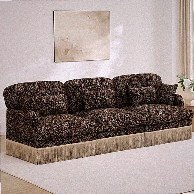 Leopard Print Chenille 3-Seat Sectional Sofa with Tassel Edge, Brown