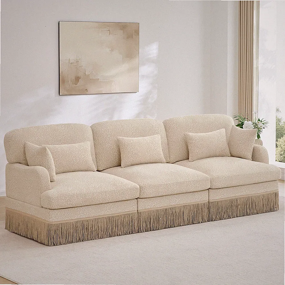 Leopard Print Chenille 3-Seat Sofa, Modular Sectional with Tassels, Beige