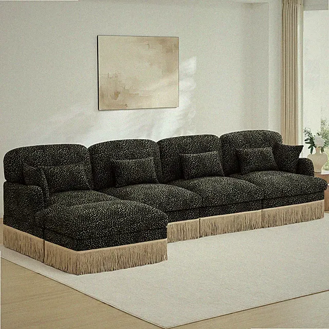Leopard Print Chenille L-Shaped Sectional Sofa w/ Ottoman, 4-Seat, Easy Assembly