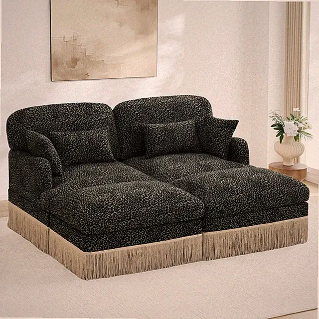 Leopard Print Chenille Loveseat Sofa w/ 2 Ottomans, Green & Black, Easy Assembly
