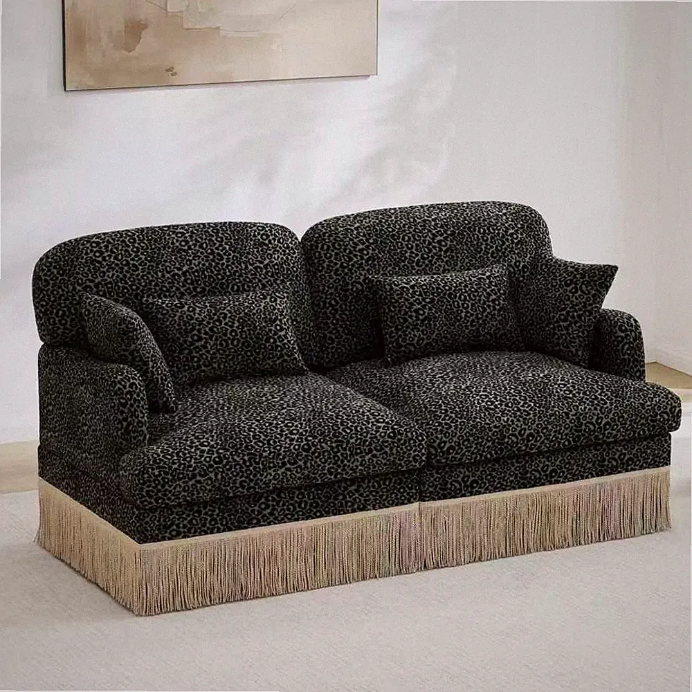 Leopard Print Chenille Loveseat Sofa w/ Tassel Trim Modular Sectional Couch