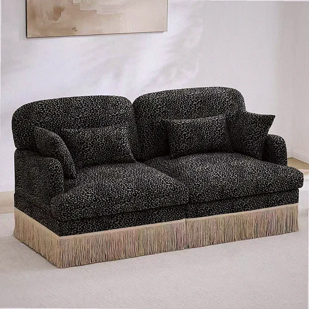 Leopard Print Chenille Modular Sectional Loveseat Sofa with Tassel Edge