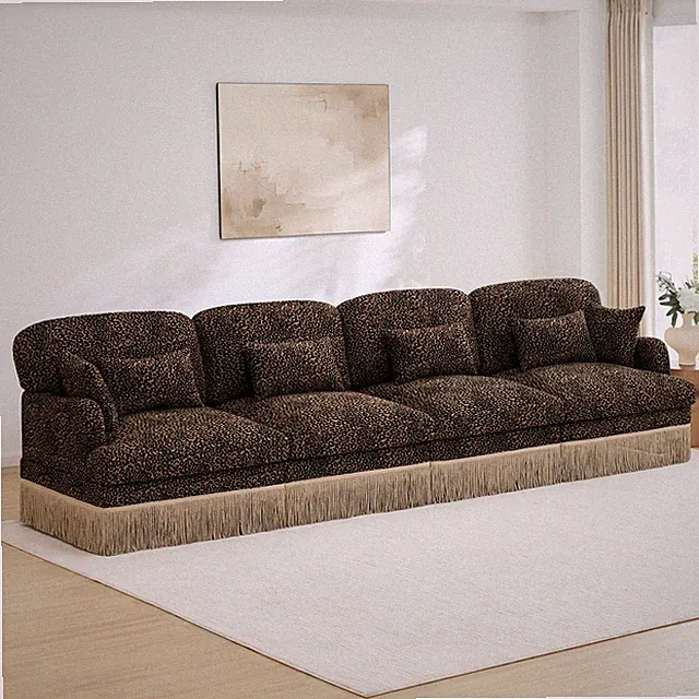 Leopard Print Chenille Sectional Sofa 4-Seater w/ Tassel Edge, Modular, Assembly