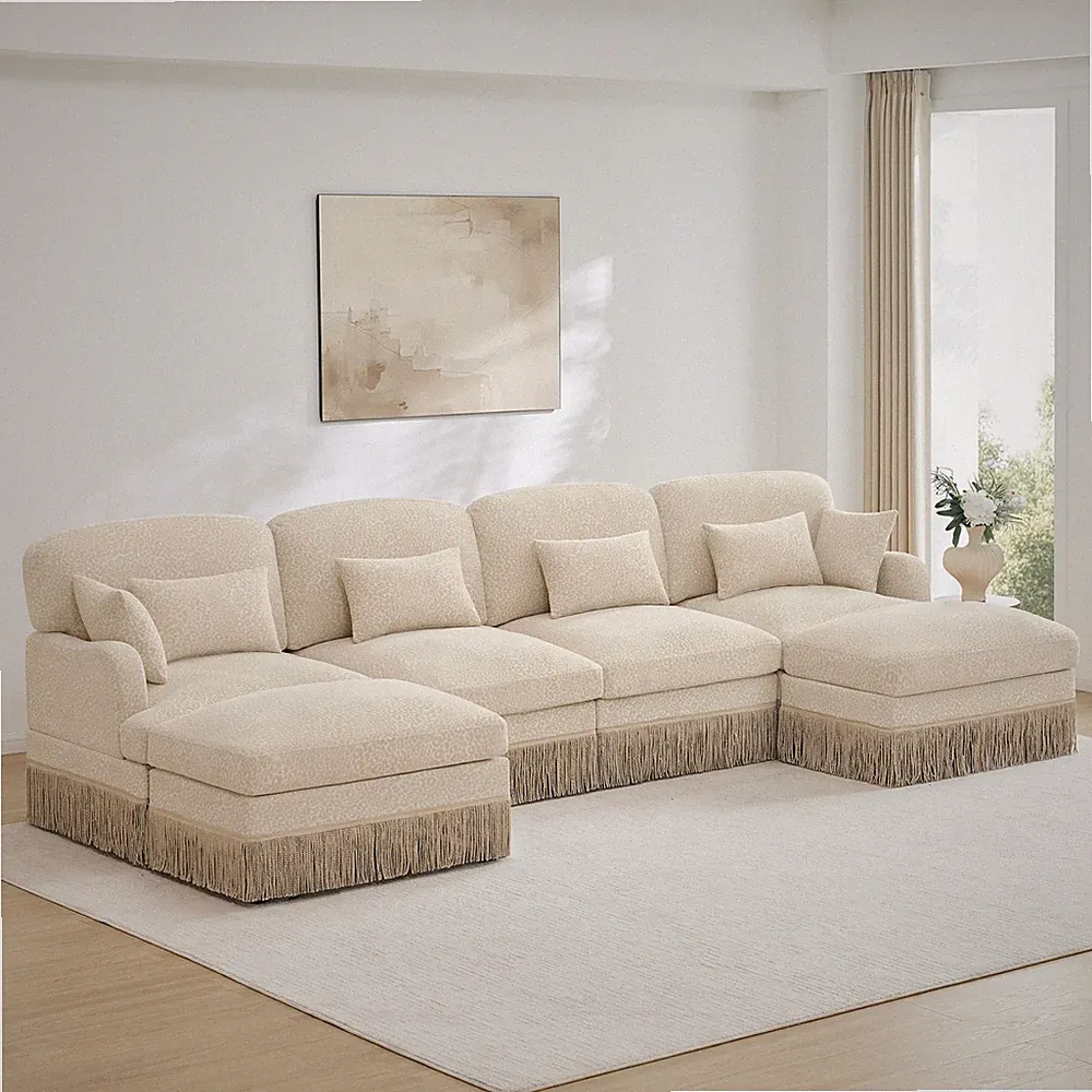 Leopard Print Chenille Sectional Sofa with 4 Seats & Ottoman, Beige
