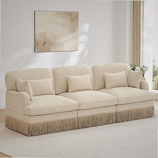 Leopard Print Chenille Sofa 3-Seater Modular Sectional w/ Tassels, Beige