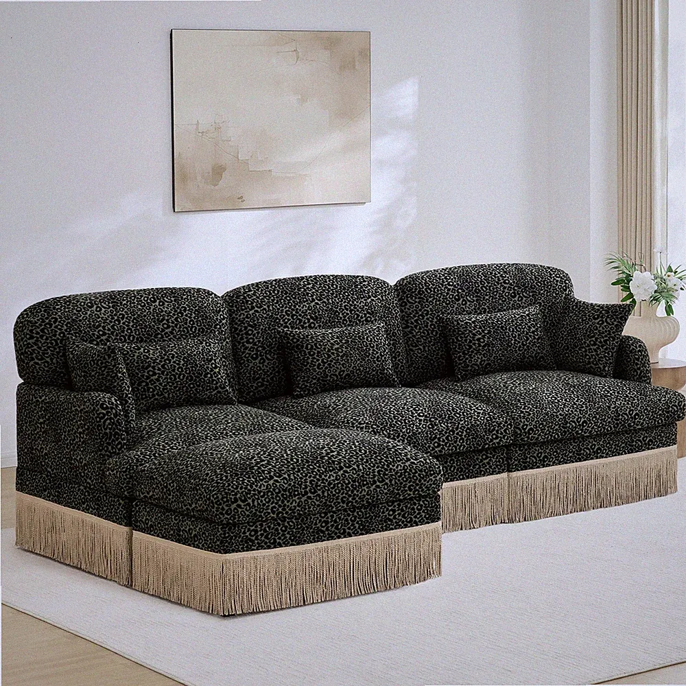 Leopard Print Chenille Sofa Sectional Movable Ottoman Green Black 3-Seat