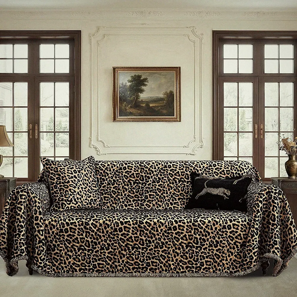 Leopard Print Couch Covers, Black Gold, 71" X 118" | Luxury Cheetah Jacquard