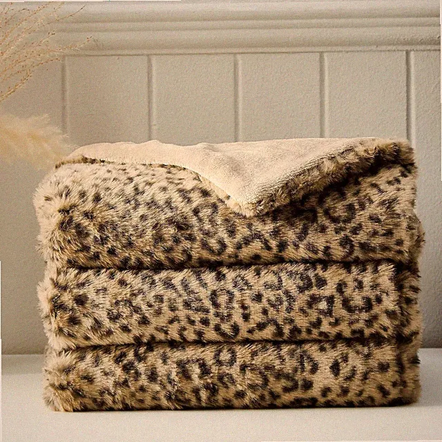 Leopard Print Faux Rabbit Fur Blanket 50x60 Tan Soft Cozy Fuzzy Throw Couch