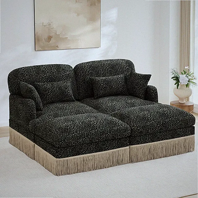 Leopard Print Loveseat Sofa with Ottomans, Modern Chenille, Easy Assembly