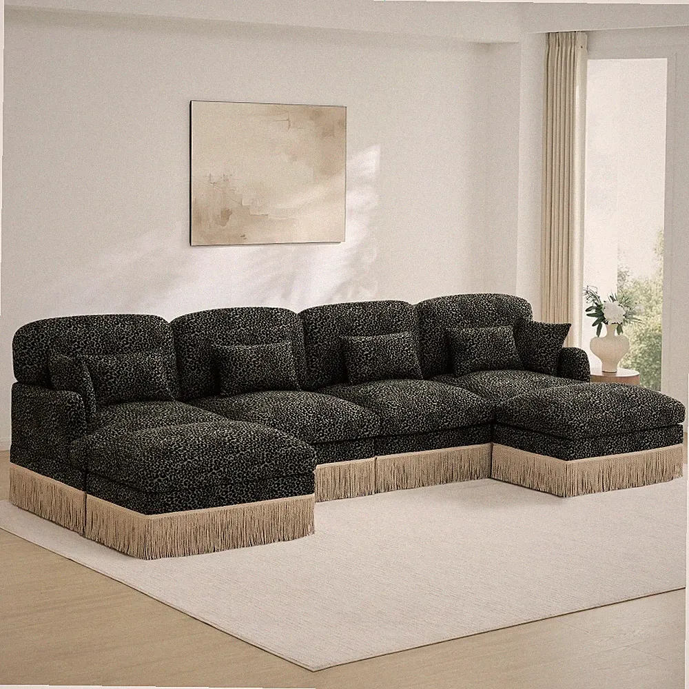 Leopard Print U-Shaped Sectional Sofa w/ Ottomans, Chenille Fabric, Green Black