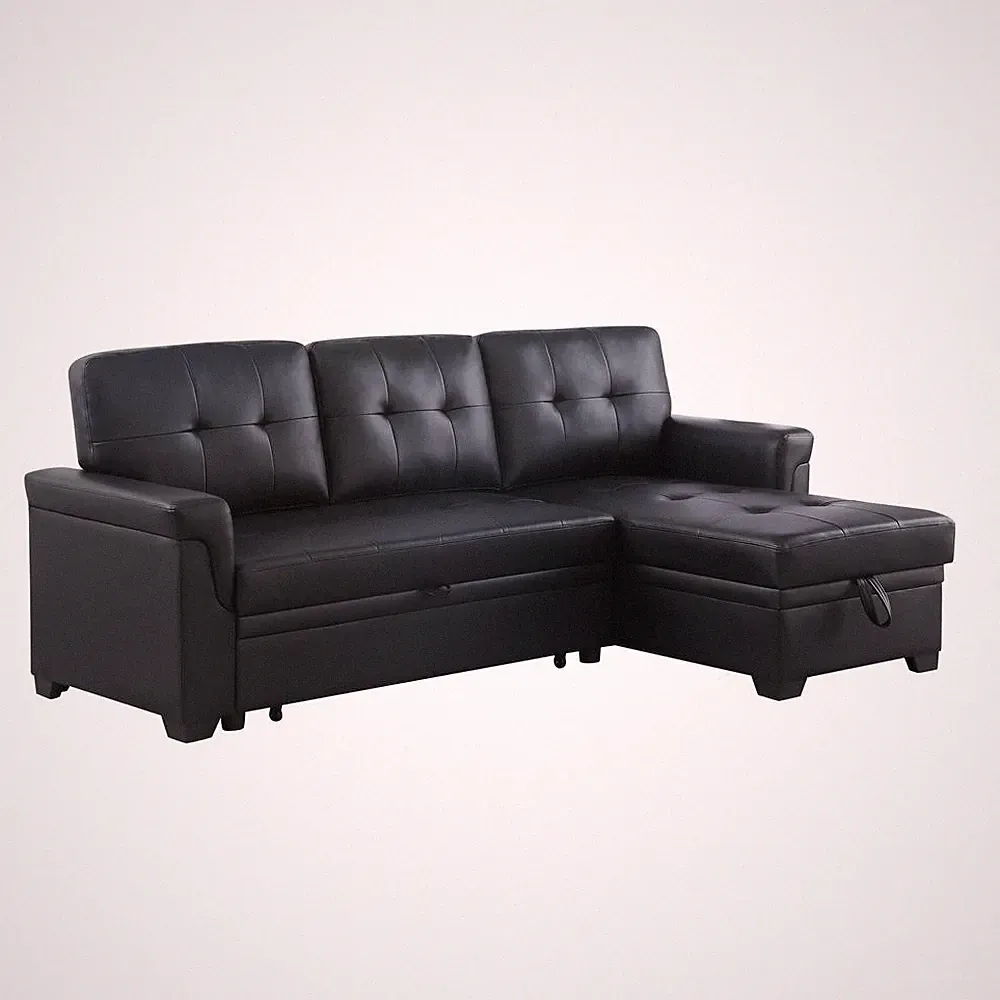 Lexi Black Synthetic Leather Modern Reversible Sleeper Sectional Sofa with...