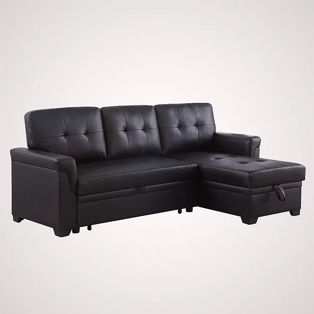 Lexi Black Synthetic Leather Modern Reversible Sleeper Sectional Sofa with...