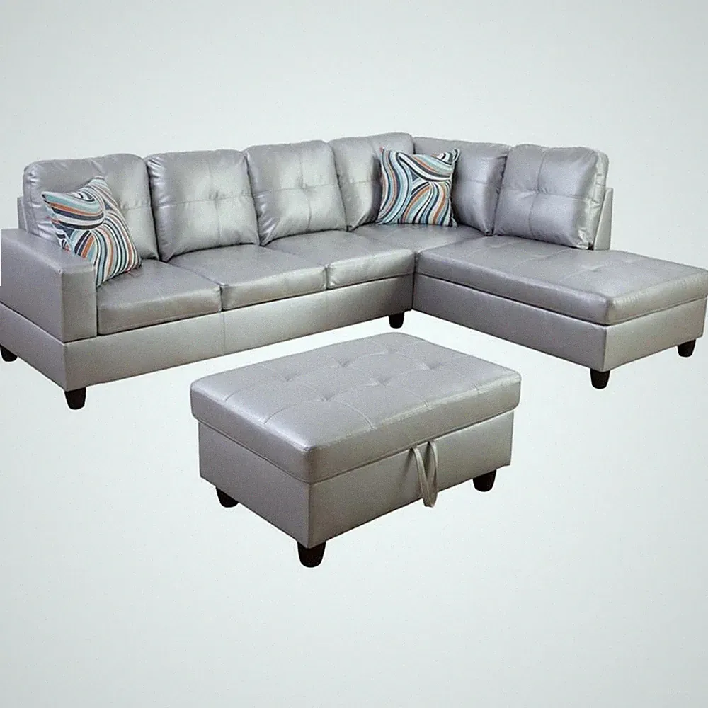 Lifestyle Furniture Biscuits Right-Facing Sectional & Ottoman in Silver/White