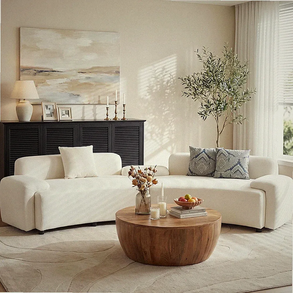Light Beige 122" Curved 4-Seater Sofa with Pillows for Small Spaces
