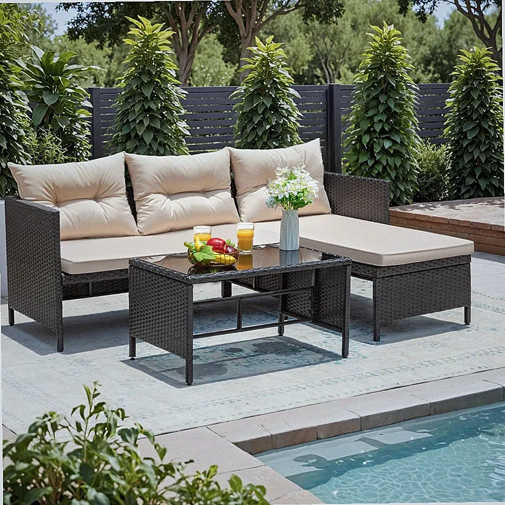 Light Beige 3-Piece Outdoor Wicker Rattan Sectional Sofa & Coffee Table Set